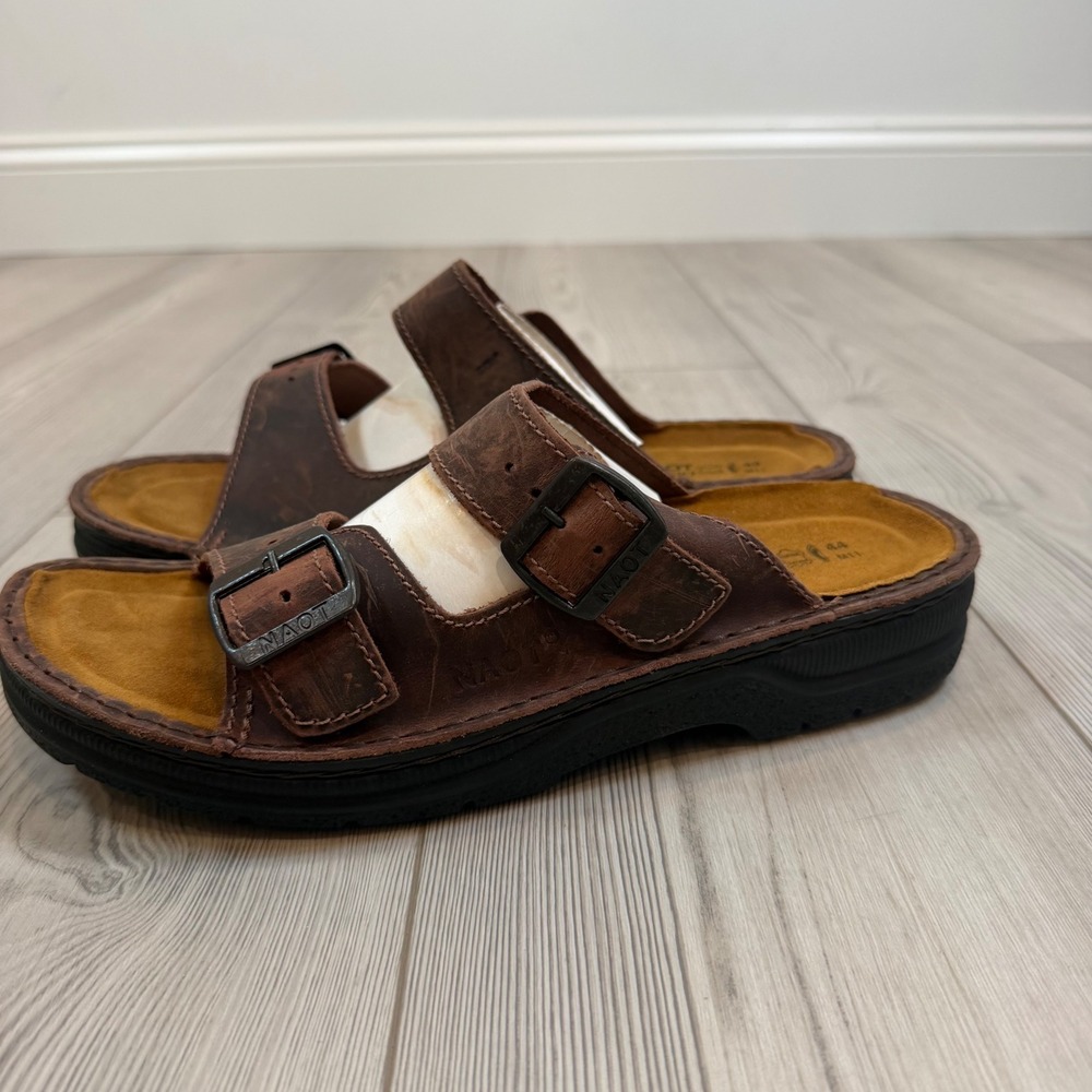 NEW Naot Mikael Crazy Horse Leather Sandals Brown Two Strap Slides Men EU 44 M11